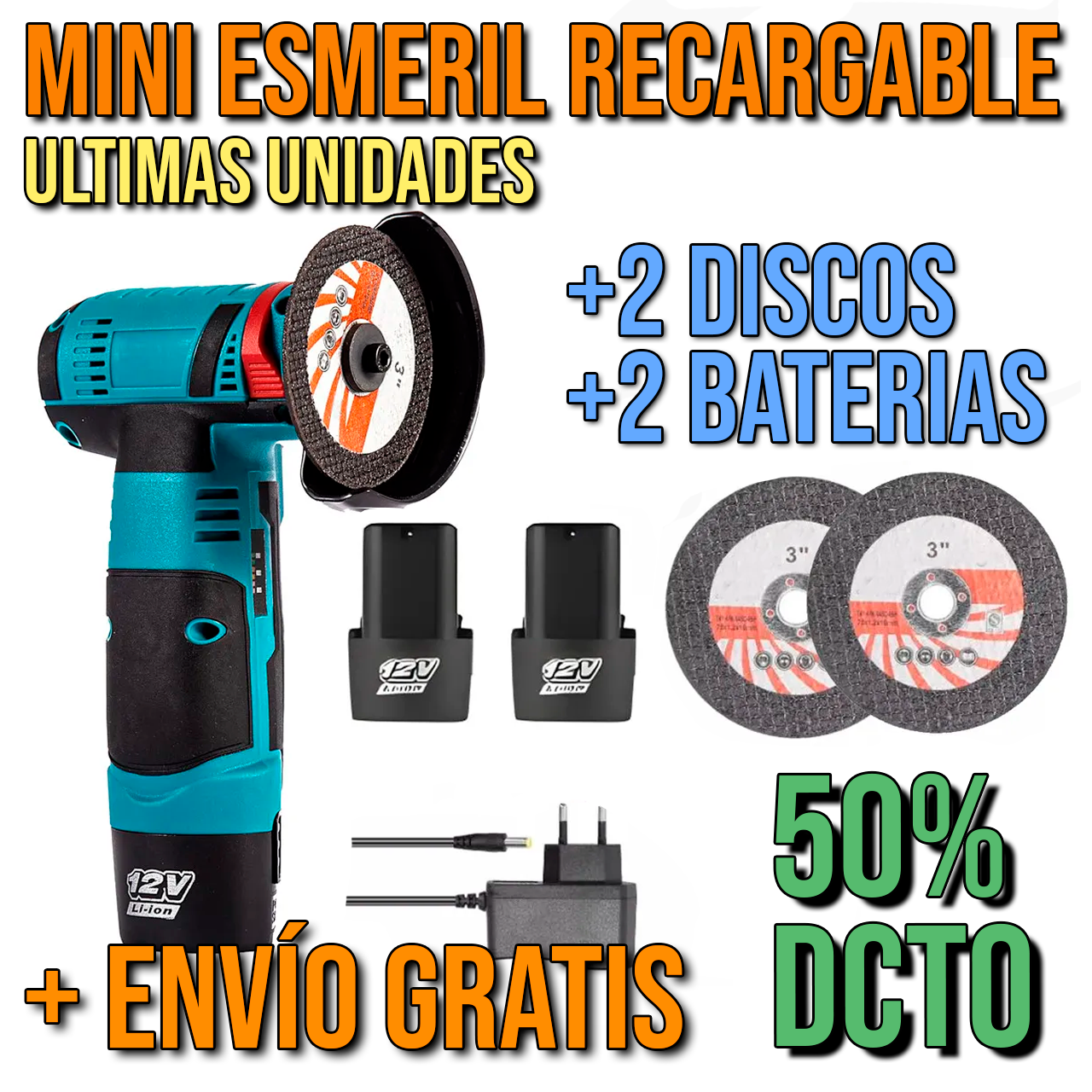 Mini Esmeril Angular Portátil + 2 Discos + 2 Baterías Recargables
