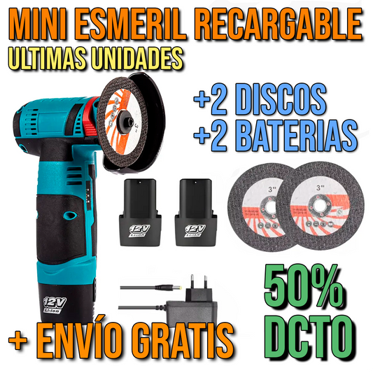Mini Esmeril Angular Portátil + 2 Discos + 2 Baterías Recargables